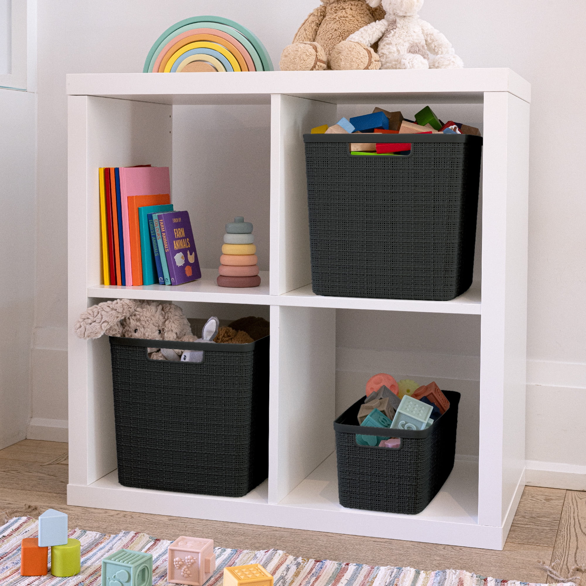 Curver Set of 4 Jute Basket Cube Durable Resin Organization and Storage Basket Bin, Black