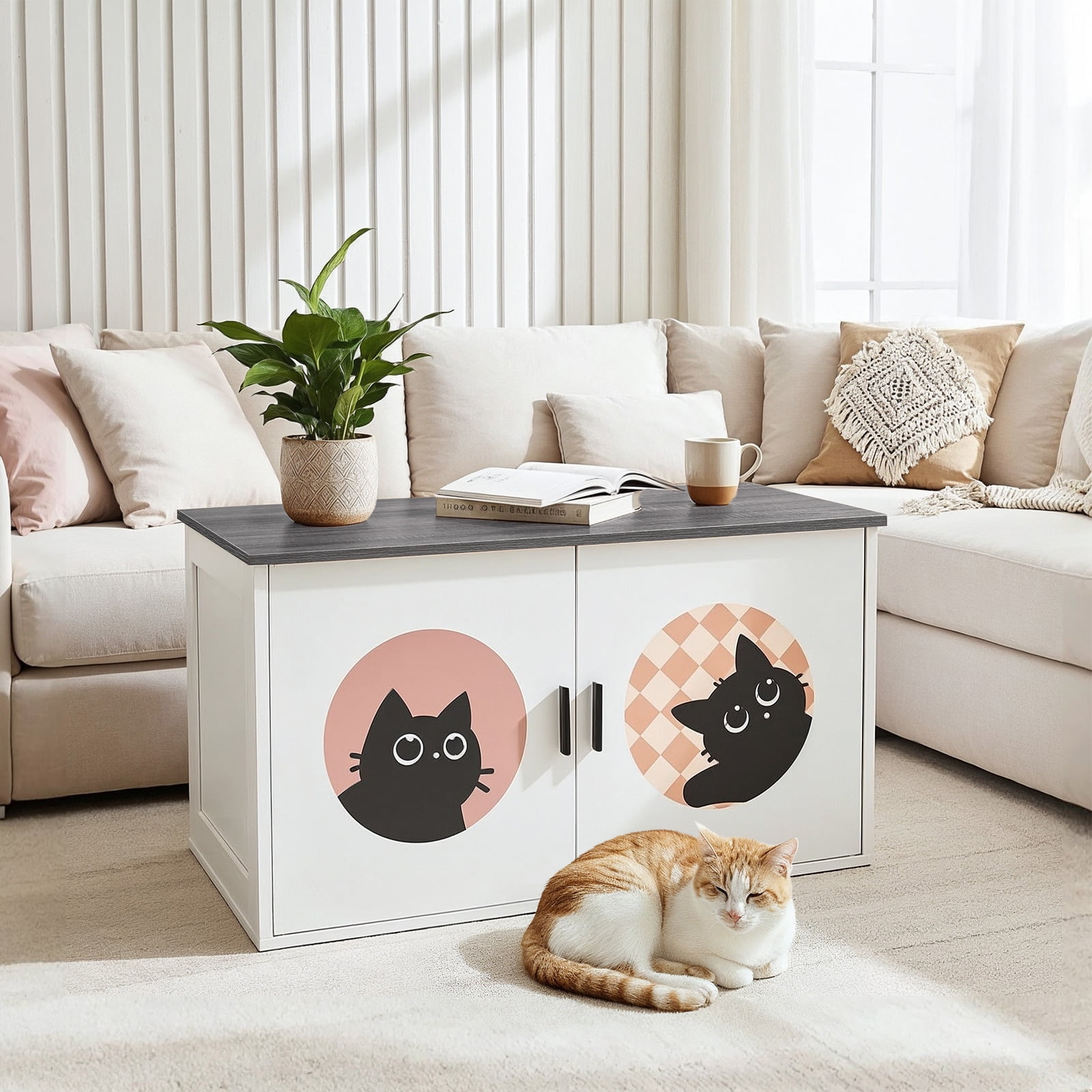 HOOBRO Cat Litter Box Enclosure, Hidden Litter Box Enclosure Furniture with Cute Cat Patterns and Arched Entrance, Litter Box Cabinet, Side Table, for Living Room, White and Charcoal Gray BW08MW01