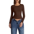 thumbnail image 3 of Women'S Crewneck Long Sleeve Shirt Double Lined Basic Tees Side Ruched Going Out Crop Tops Brown M, 3 of 10