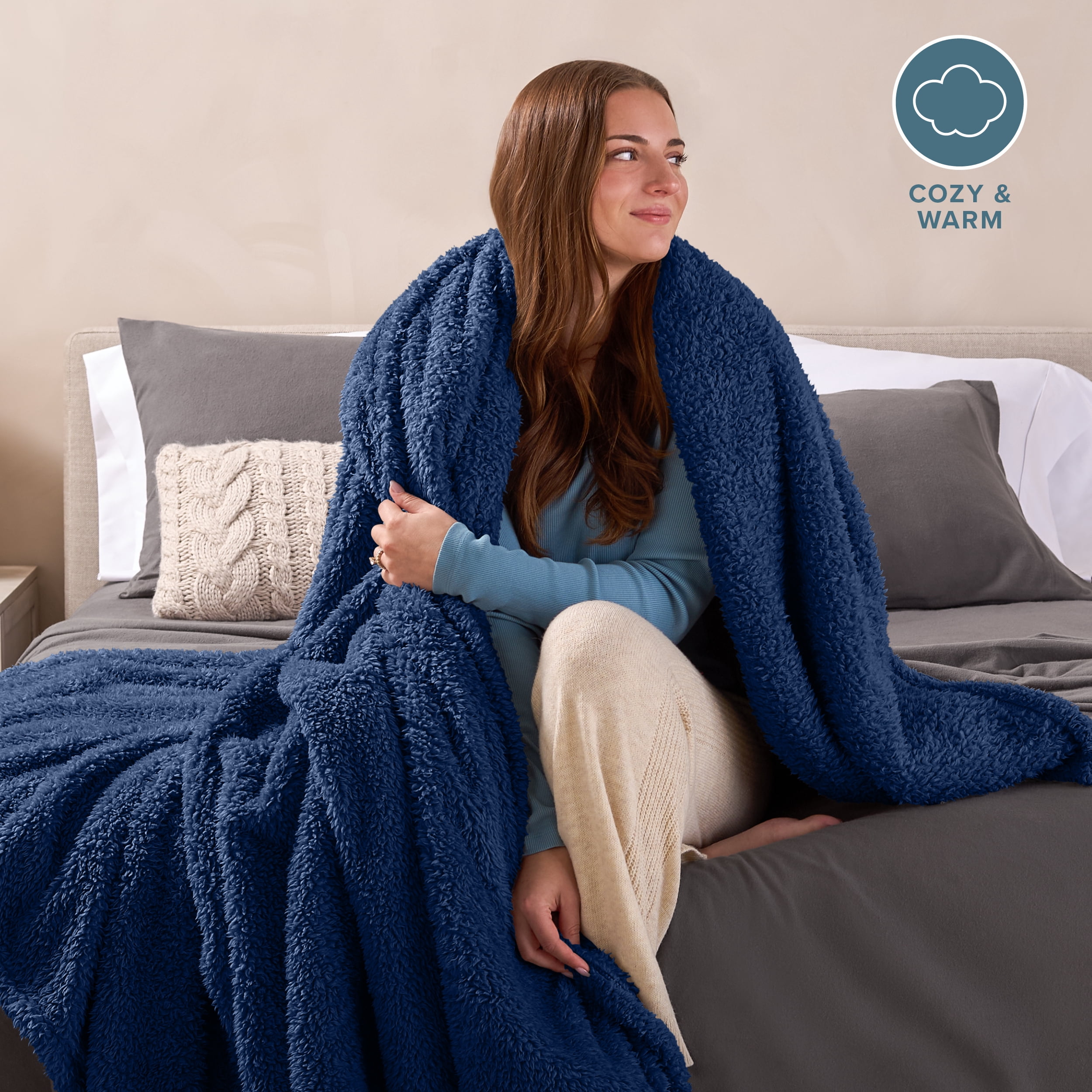 Bare Home Faux Shearling Blanket - Dual Layer - Fluffy & Soft - Lightweight - Twin/Twin XL, Dark Blue