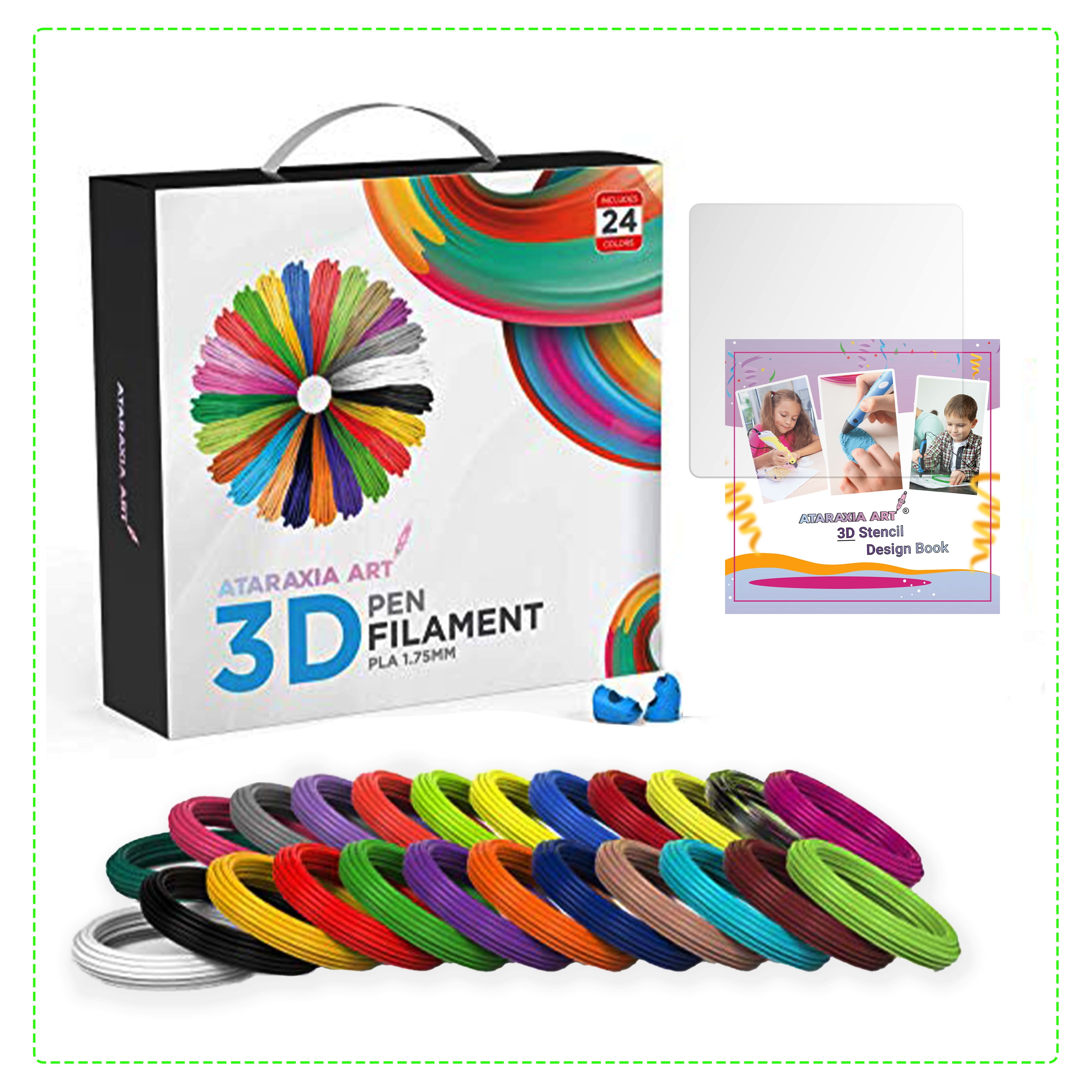 ATARAXIA ART 3D Pen Filament Refills, 24 Colors, each 33 feet total 782  feet, 3DPen filament with Stencils book, Reusable Colorful 40 Pattern  printing paper with clear PVC pad & 2 finger protectors 