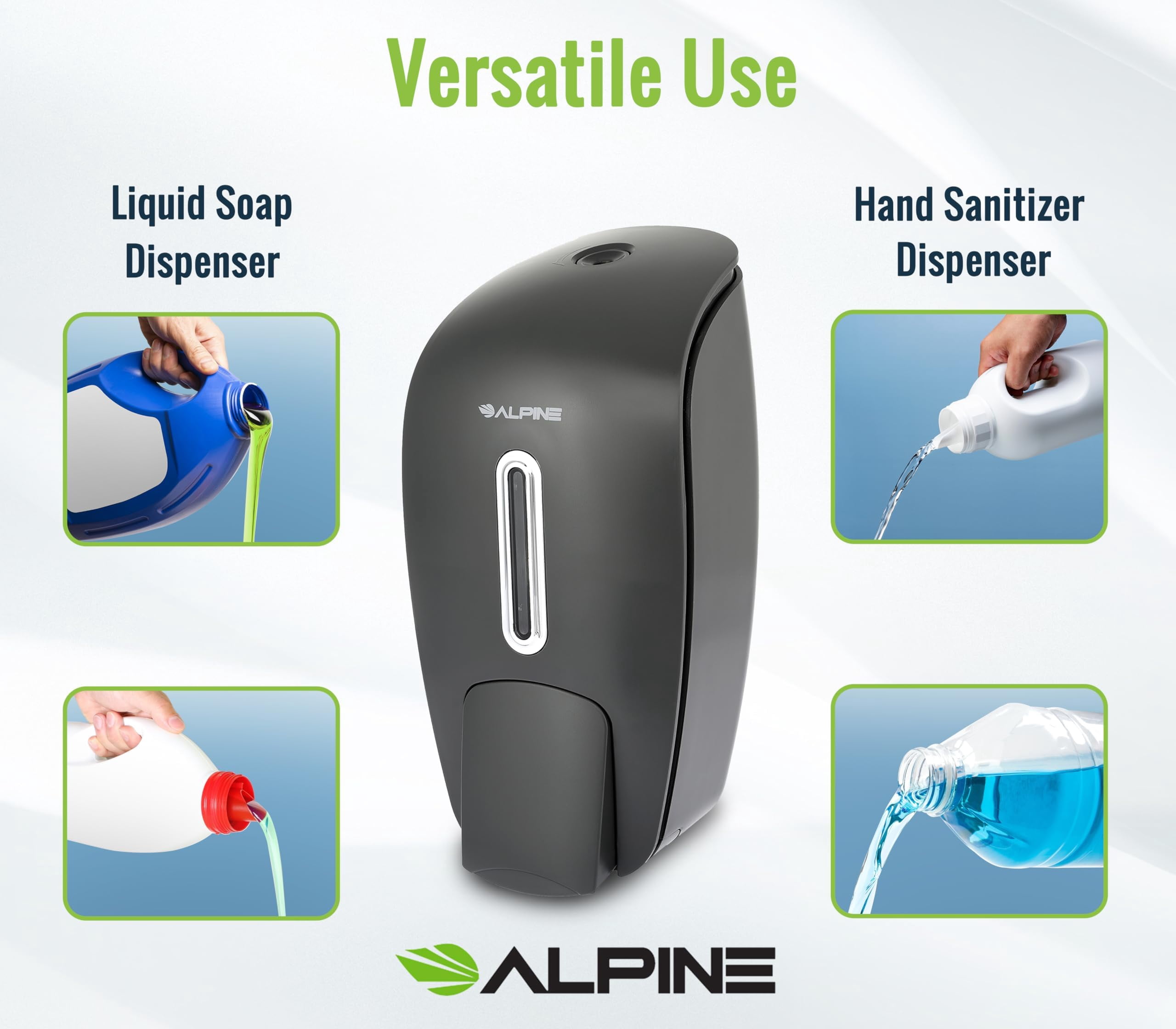 Alpine Manual Soap Dispenser Wall Mount - Commercial Soap Dispenser Wall Mounted for Liquid Soap & Hand Sanitizer Perfect for Bathroom, Kitchen, Refillable 800 ml Capacity (Grey)