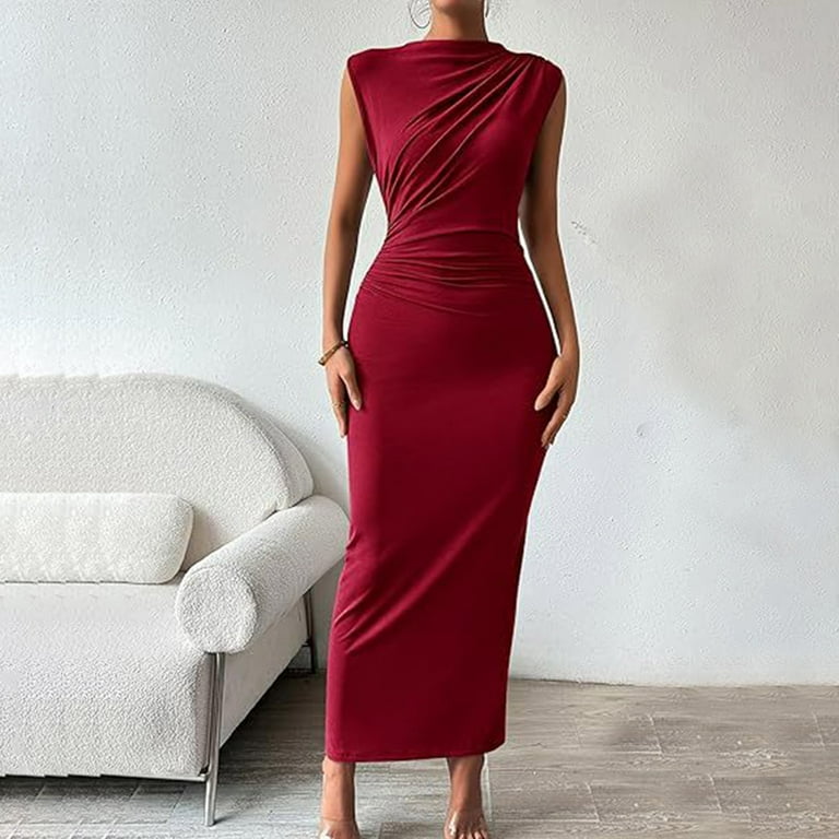 Yuzhih Maxi Dresses for Women 2025 Sleeveless Mock Neck Bodycon Dress  Ruched Split Long Tank Dress with Back Zip - Walmart.com