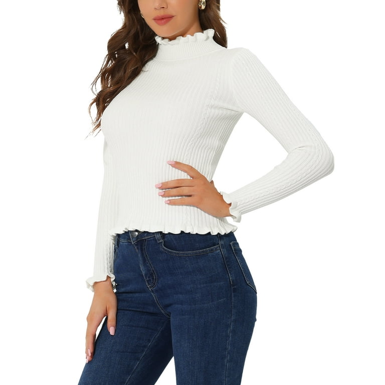 Unique Bargains Women s Classic fit Long Sleeves Ruffle Mock Neck