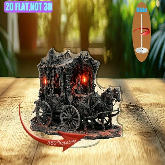 Présentoir Acrylique Rotatif avec un Seigneur vampire Hanté en robe Royale sur un Carrosse Illuminé avec des Chevaux Spirituels à Travers les Ruines