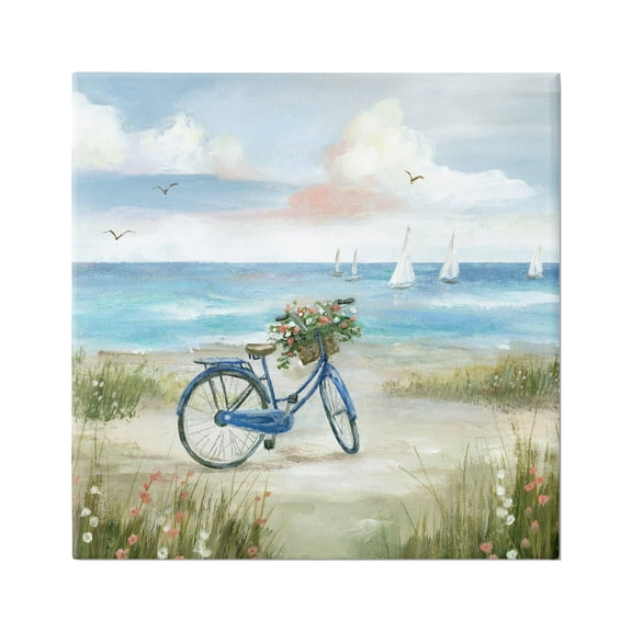Stupell Industries Peaceful Bicycle Flower Basket Scenic Ocean Sailboats Painting Gallery Wrapped Canvas Print Wall Art, Design by Nan
