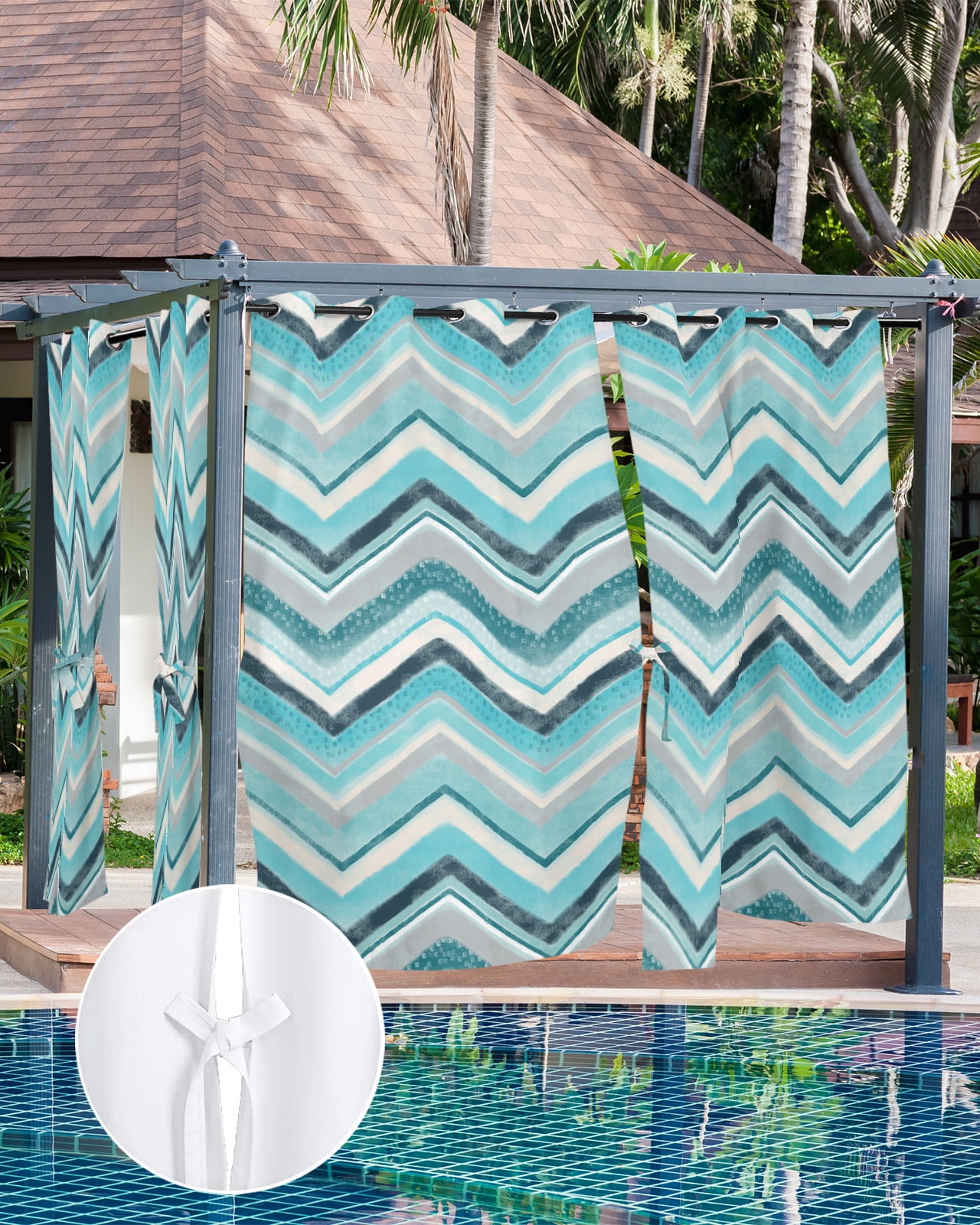 Nordic Turquoise Stripes Outdoor Curtains for Patio, Art Abstract Green Texture Privacy Drapes Grommet Waterproof Outside Curtains for Porch/Cabana/Balcony 54"x 84", 1 Panel