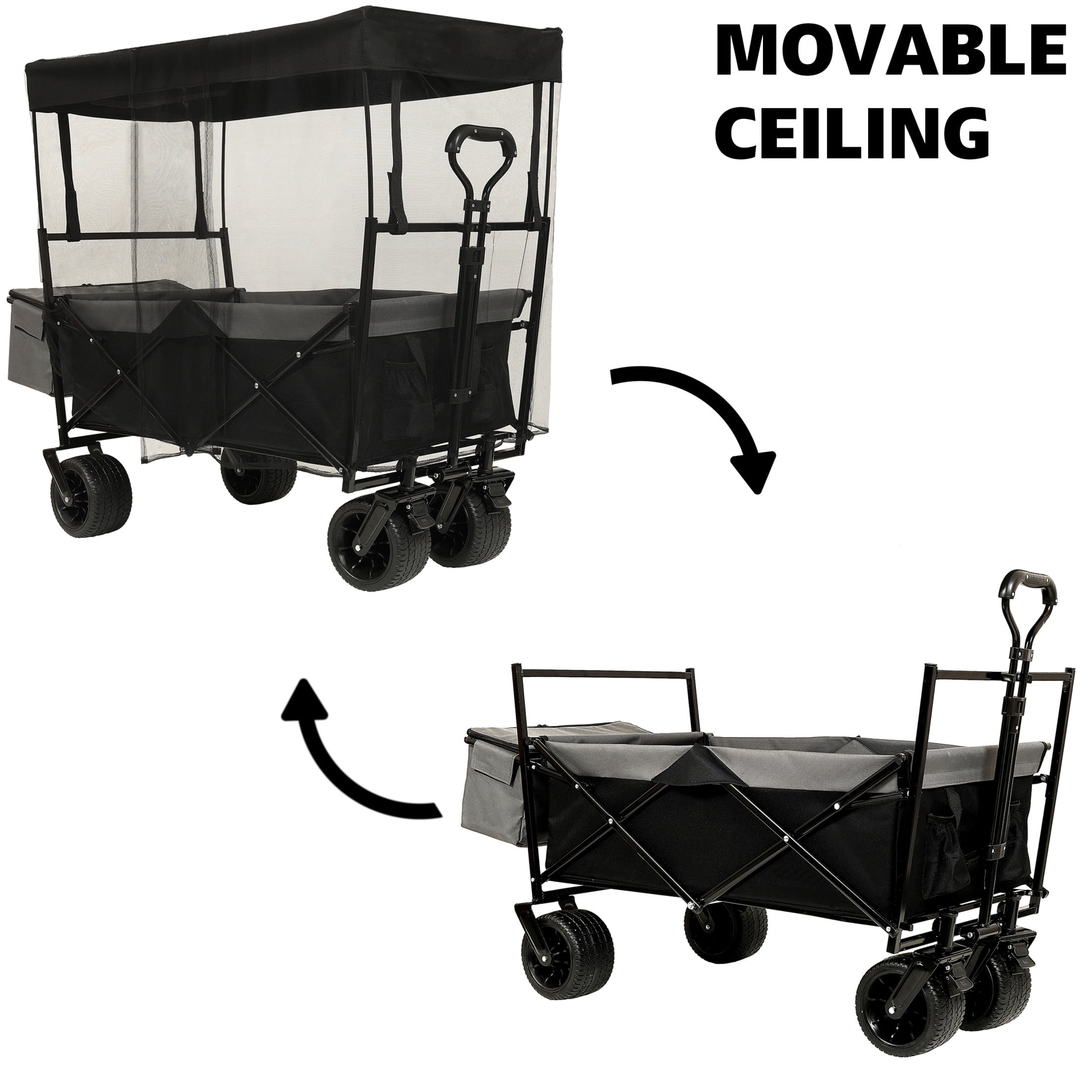 GDF Studio Collapsible Wagon Stroller with Removable Canopy and Mosquito Net, 7" All-Terrain Wheels, Black