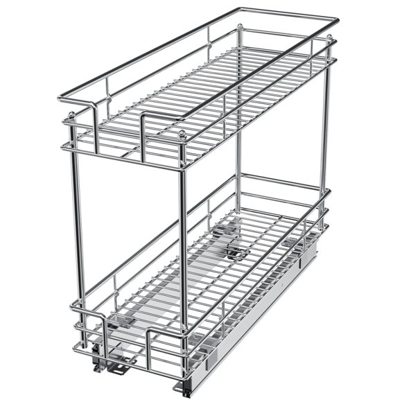Lovmor Pull Out Cabinet Organizer And Storage (7"" W X 21"" D) 2-Tier Pull Out Shelf Storage For Kitchen Base Cabinet Silver (7"" W X 21"" D Silver Roll On Top)