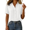 thumbnail image 2 of Ynynlocho Cotton Linen Button Down Shirt for Women V Neck Collared Blouse Casual Short Sleeve Rolled Cuff Tops Summer Tees, 2 of 9