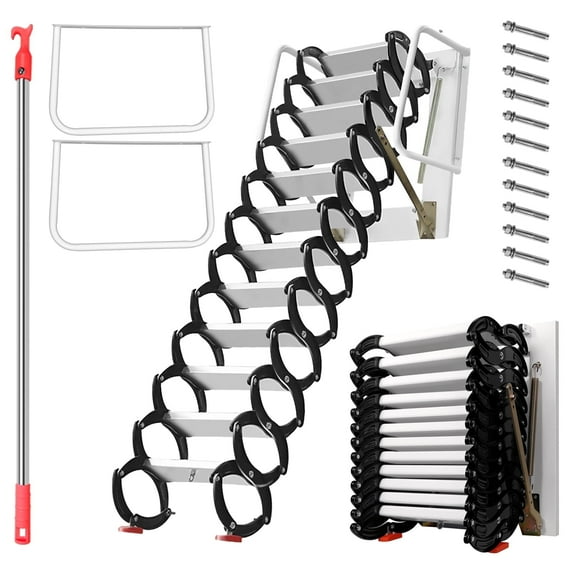 12 Steps  Attic Stairs Pull Down System Telescopic Fold Ladder, 660lbs Al-Mg Alloy Attic Staircase, for Attics, Garages, Roofs, Basements, Black-White