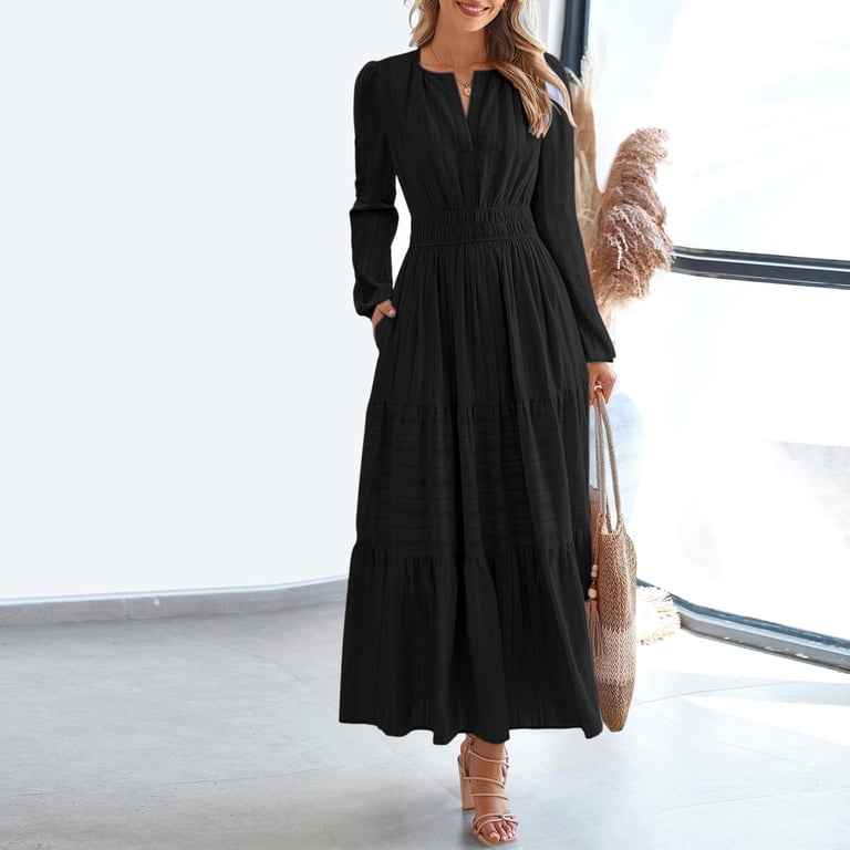 Ailaofu Fall Dresses for Women 2025 Casual Long Sleeve V Neck Elastic Waist  Lightweight Maxi Wedding Guest Dress - Walmart.com