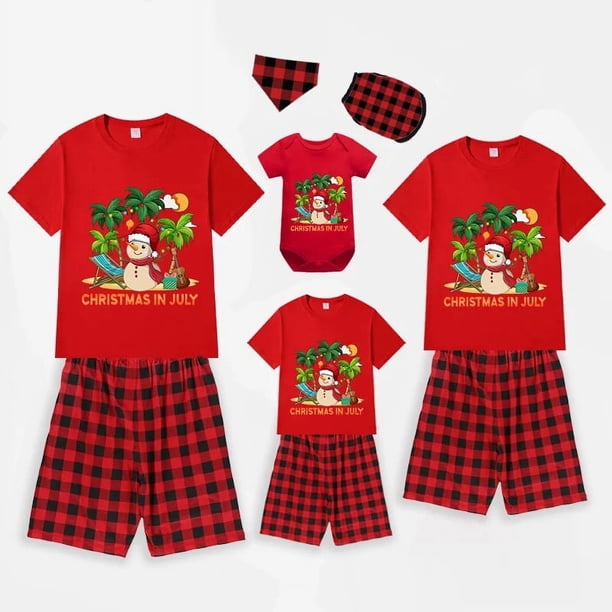 Pijamas familiares navideños a juego Navidad en julio Conjuntos de pijamas cortos rojos y negros de muñeco de nieve