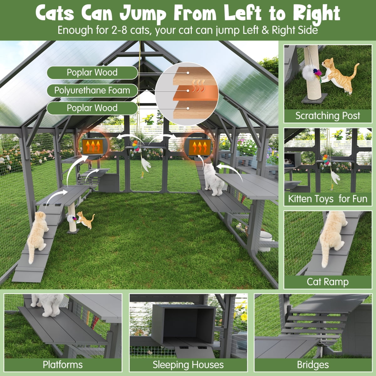 Large Outdoor Cat House with Planter Stand, Wooden Cat Enclosure with Resting Boxes and Hanging Bridge, Walk-in Catio Cage with Waterproof Cover, Gray,Ships 2 Pkgs