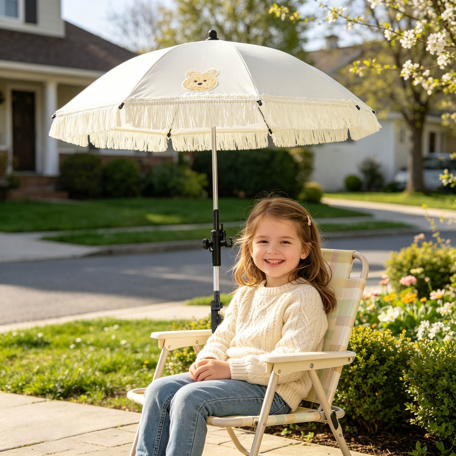 YANDE-30.7 Inch Clip-On Chair Umbrella, 1pc Adjustable Patio Sun Shade with Fringe, UV Protection Parasol for Stroller, Beach Chair, Outdoor Activities (B)