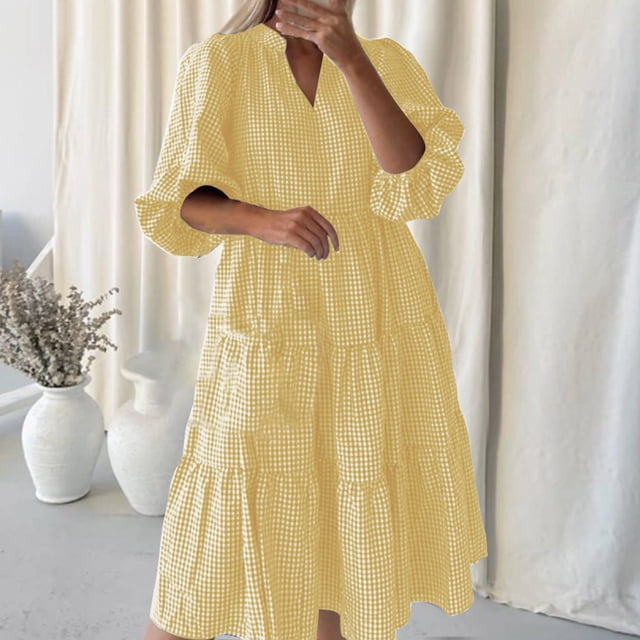 Robes pour Femmes 2024 Été Surdimensionné Décontracté Manches Courtes Col en V Imprimé Mi-Mollet Robe 50 % de Réduction Liquidation!