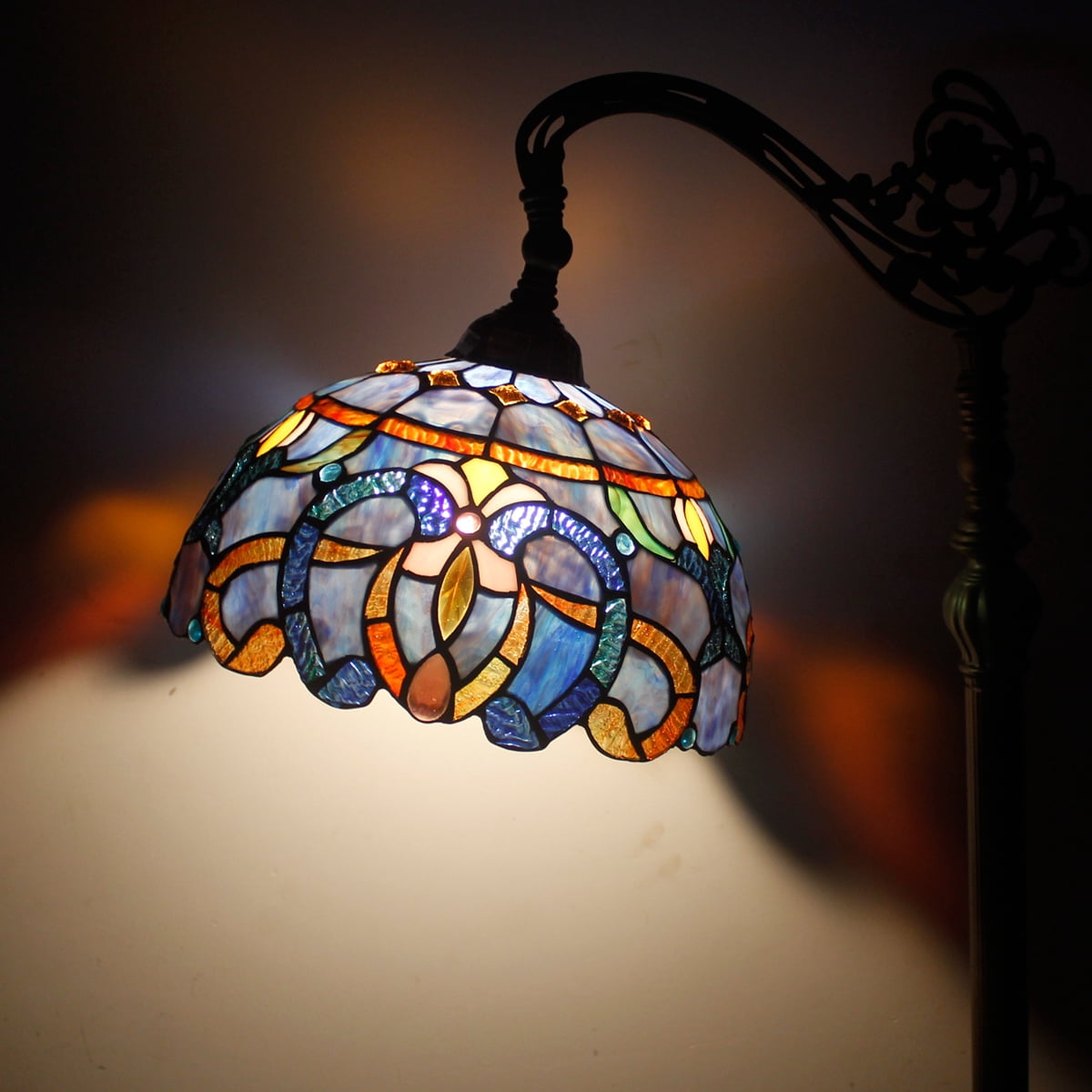 Tiffany Floor Lamp 64" Tall Industrial Pole Vintage Boho Stained Glass Standing Corner Bright Reading LED Light Arched Rustic Gooseneck Adjustable Living Room Kids Bedroom Farmhouse Office WERFACTORY