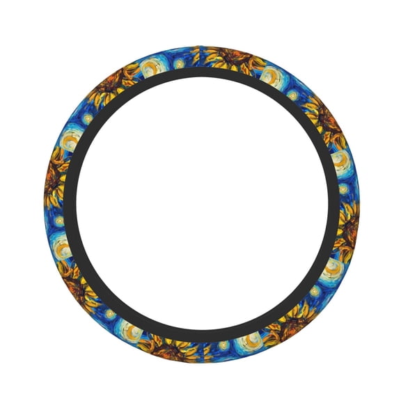Picia Sunflower Starry Night Vibes Car Steering Wheel Cover, Non-Slip, Breathable, Universal 15 inch