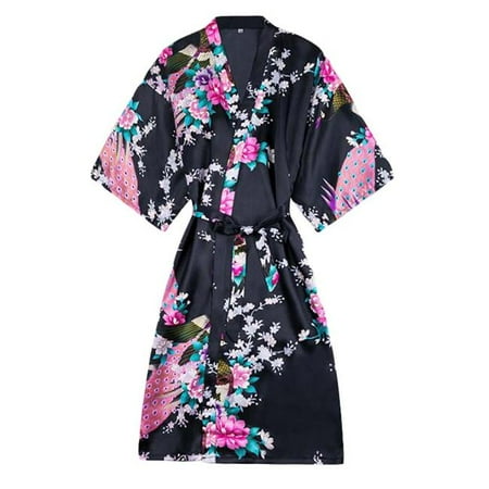 

Panda Superstore PF-HOM3737861-DORIS00995-RP 43 in.-53 in. Girls Peacock Floral Satin Robes Getting Ready Kimono Robes for Wedding Party Black