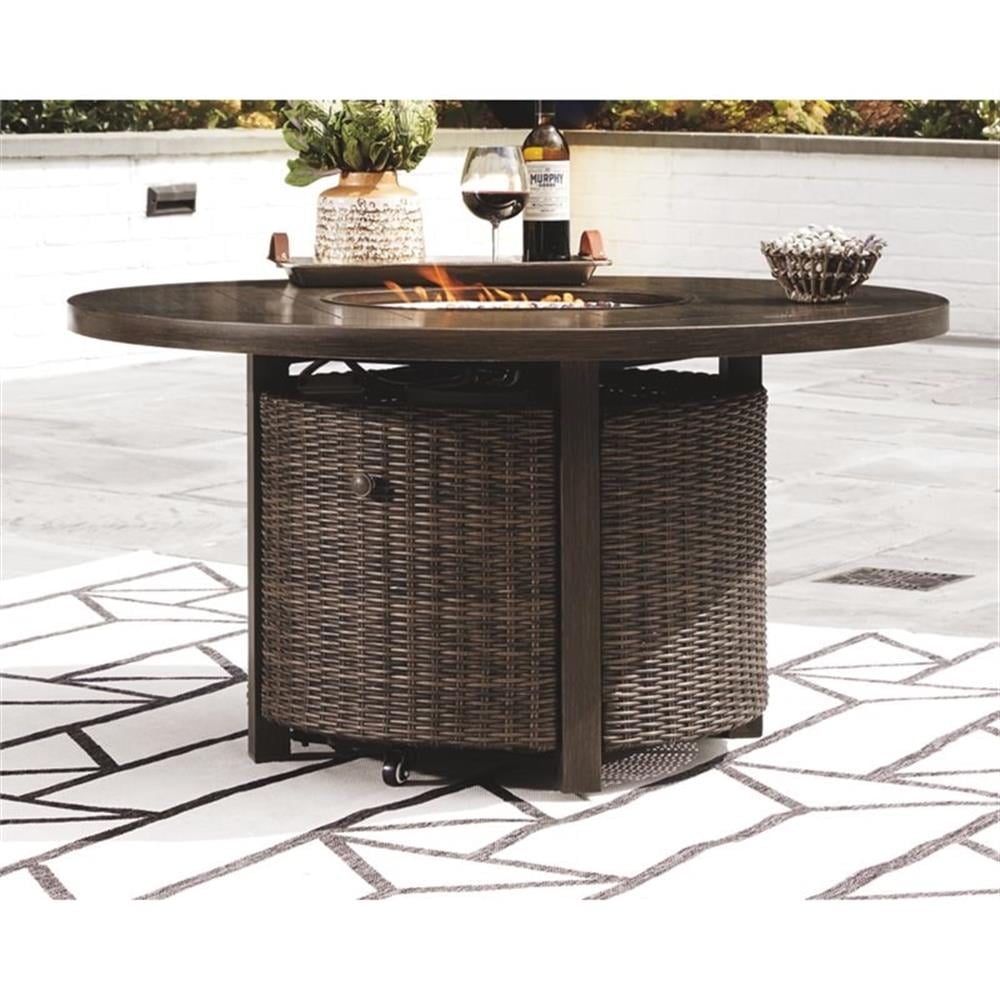 Signature Design by Ashley Paradise Trail Round Fire Pit Table in Medium Brown