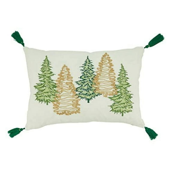 Fennco Styles Embroidered Christmas Trees Cotton Throw Pillow Cover 12" W x 18" L - Green Tassel Woven Cushion Case for Winter Holiday Décor, Couch, Living Room, Bedroom Décor and Special Occasion
