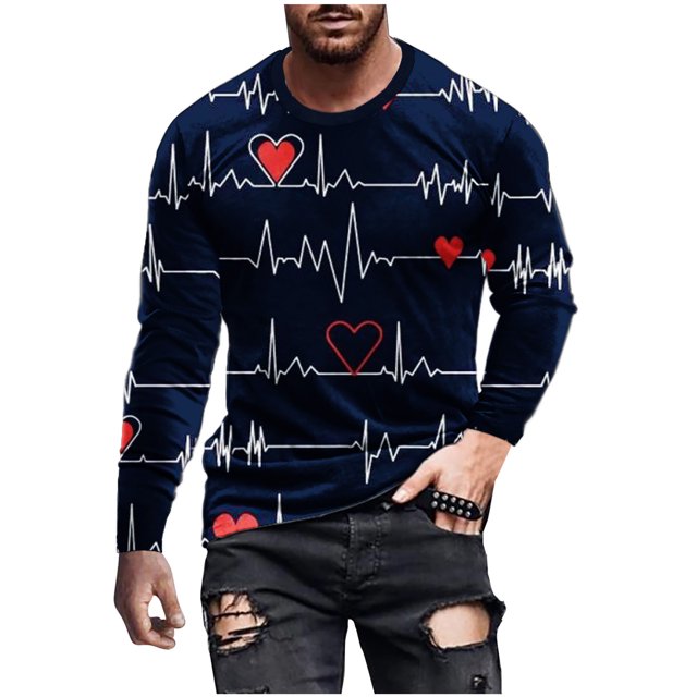 Pompotops T-Shirt Décontracté à Manches Longues et Col Rond pour Hommes, Imprimé 3D, Saint-Valentin, en Solde