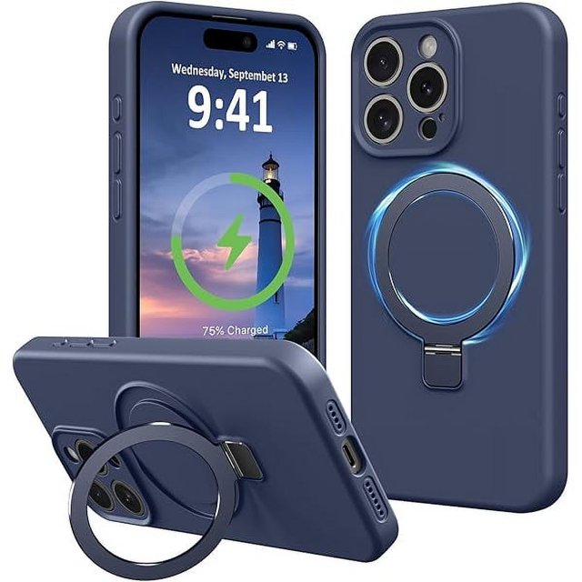 wonima44 Compatible with iPhone 15 Pro Case Stand, Full Camera Protection Slim Liquid Silicone Phone Cases Fit for iPhone 15 Pro Compatible with MagSafe Magnetic Ring Kickstand Case 6.1", Dark Blue