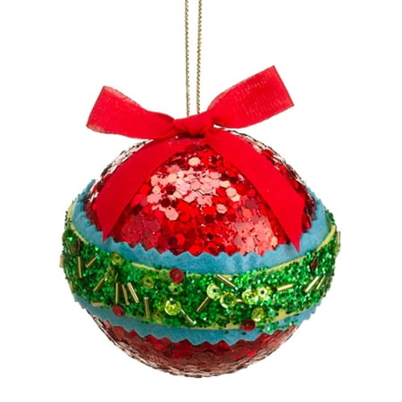 3.5" Christmas Brites Red Green and Blue Sequin and Bead Ball Ornament with Bow