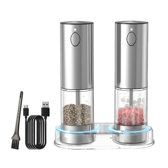 Hyasfey 2Pcs Electric Salt And Pepper Grinder Set with Built-In Lighting Rechargeable Stainless Steel Mill Adjustable Coarseness USB-C Charging LED Light One-Hand Operation Mill for Kitchen Travel