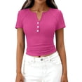 thumbnail image 6 of Qwertyu Women's 2026 Fall Summer Short Sleeve Tops Ribbed Henley Button Slim Fit Basic Casual T Shirts Blouse Clothing Hot Pink L, 6 of 7
