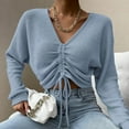 thumbnail image 5 of Jersey de mujer Prendas de punto recortadas acanaladas Top corto de punto fruncido con cordón Cuello en V sólido (azul), 5 of 5