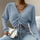 thumbnail image 5 of Jersey de mujer Prendas de punto recortadas acanaladas Top corto de punto fruncido con cordón Cuello en V sólido (azul), 5 of 5