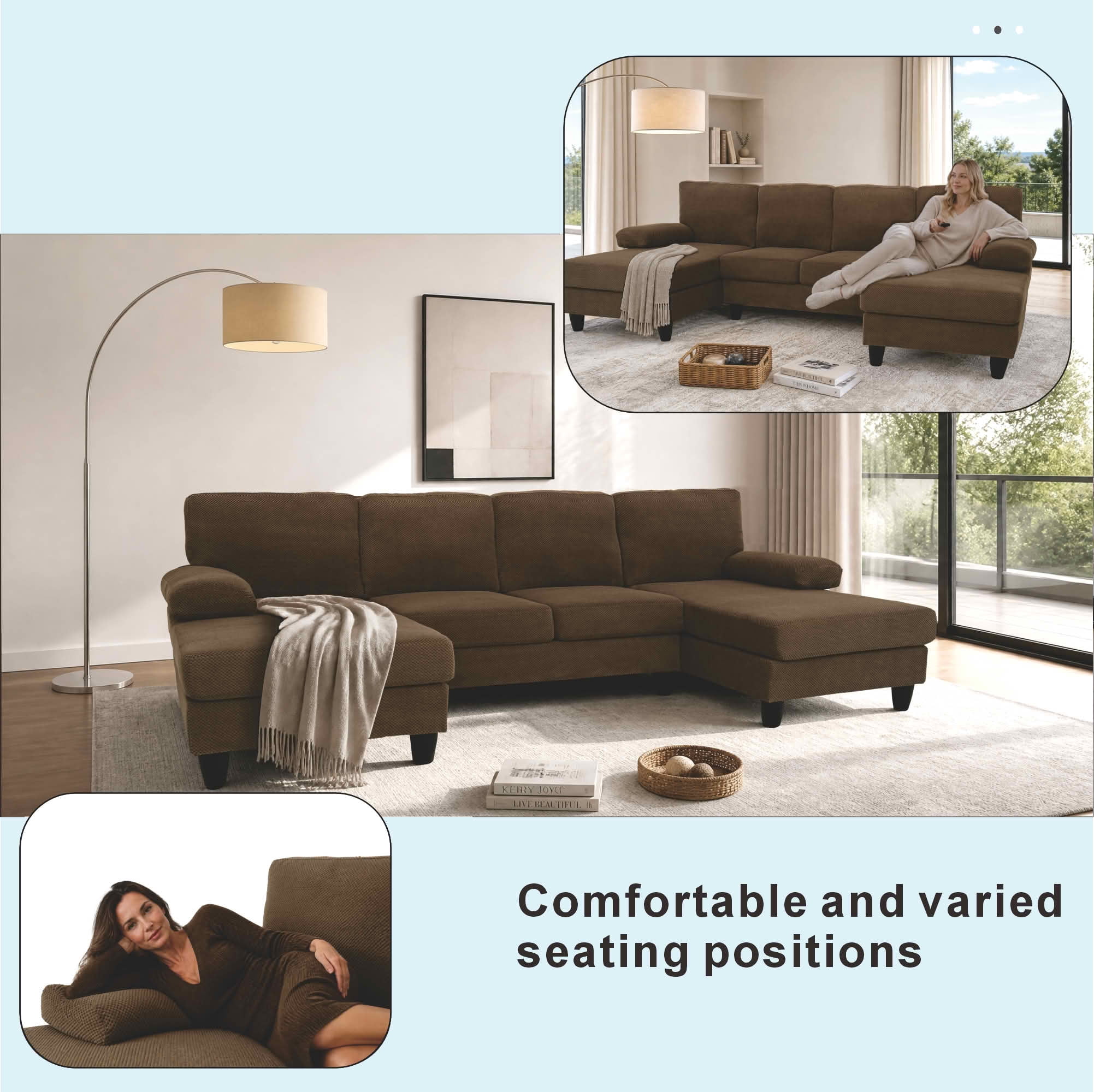 MAYEERTY 104" U‑Shaped Sectional Sofa, Nubby Textured Upholstery Couch with Dual Chaise & Plush Upholstered Armrests, Modern Living Room Furniture