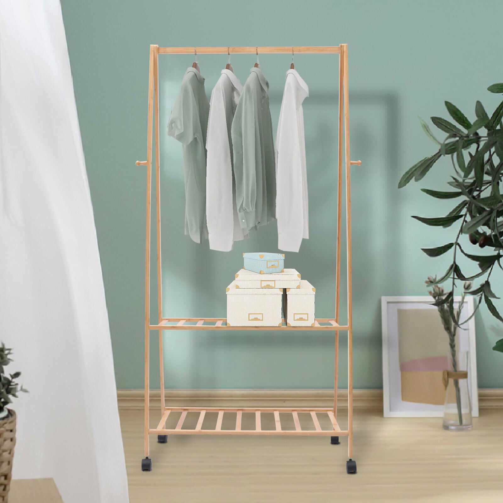 Oukaning 3in1 Wooden Mobile Clothes Rack, Freestanding Durable Coat