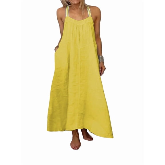 Women'S Summer Cotton Maxi Dress Adjustable Spaghetti Strap Boho Casual Backless Ruffle Loose Fit Flowy Dress Yellow 5XL
