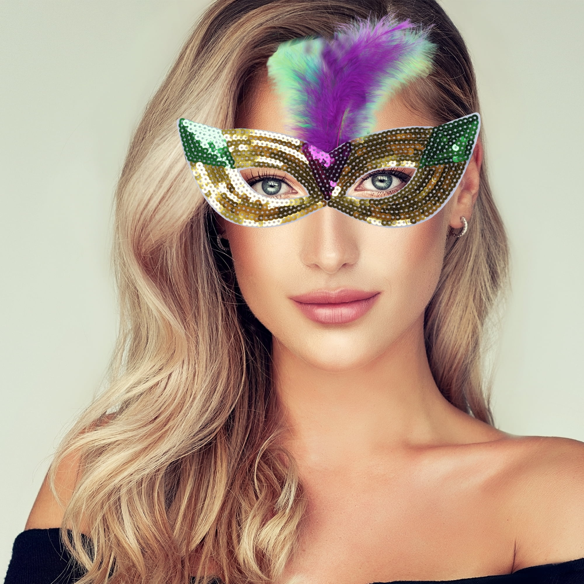 Unique Bargains 1 Pack Colorful Feather Sequins Half Face Party Mask Gold Tone