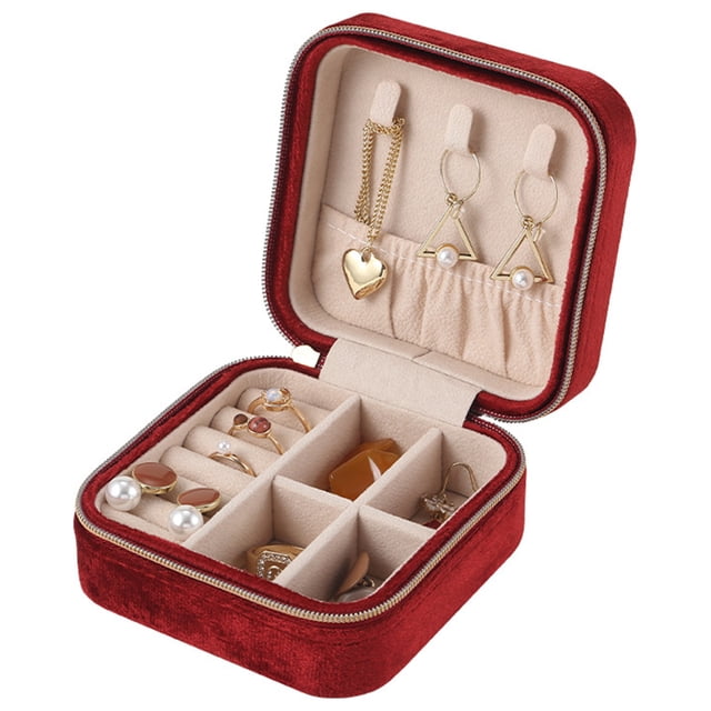 Joyero de terciopelo de viaje, pequeña caja organizadora portátil con espejo, mini caja de regalo para niña, anillo