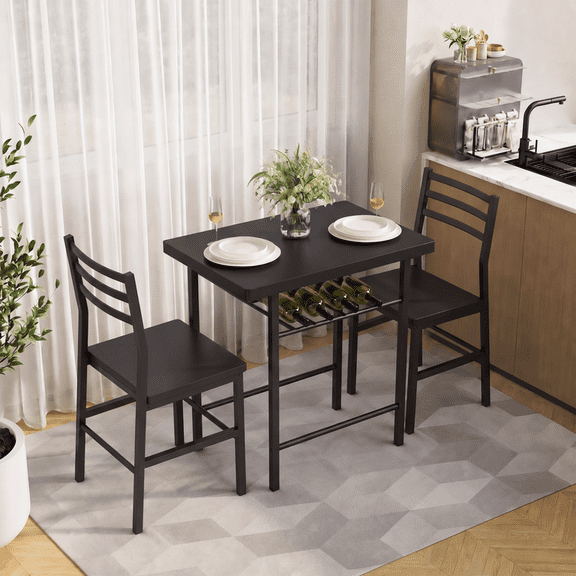 Homall 3 Piece Dining Table Set for 2, Space-Saving Kitchen Table and Chairs Set with Storage Shelf, Small Dining Room Table and Chairs for Kitchen, Apartment, Black