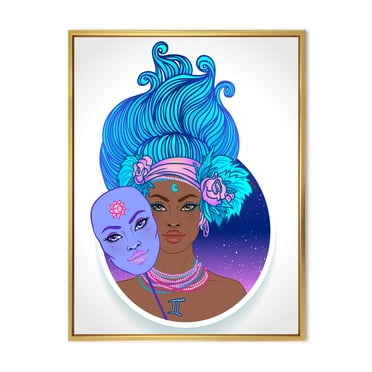 Designart 'Portrait of Afro American Girl With Blue Hair II' Modern Framed Canvas Wall Art Print
