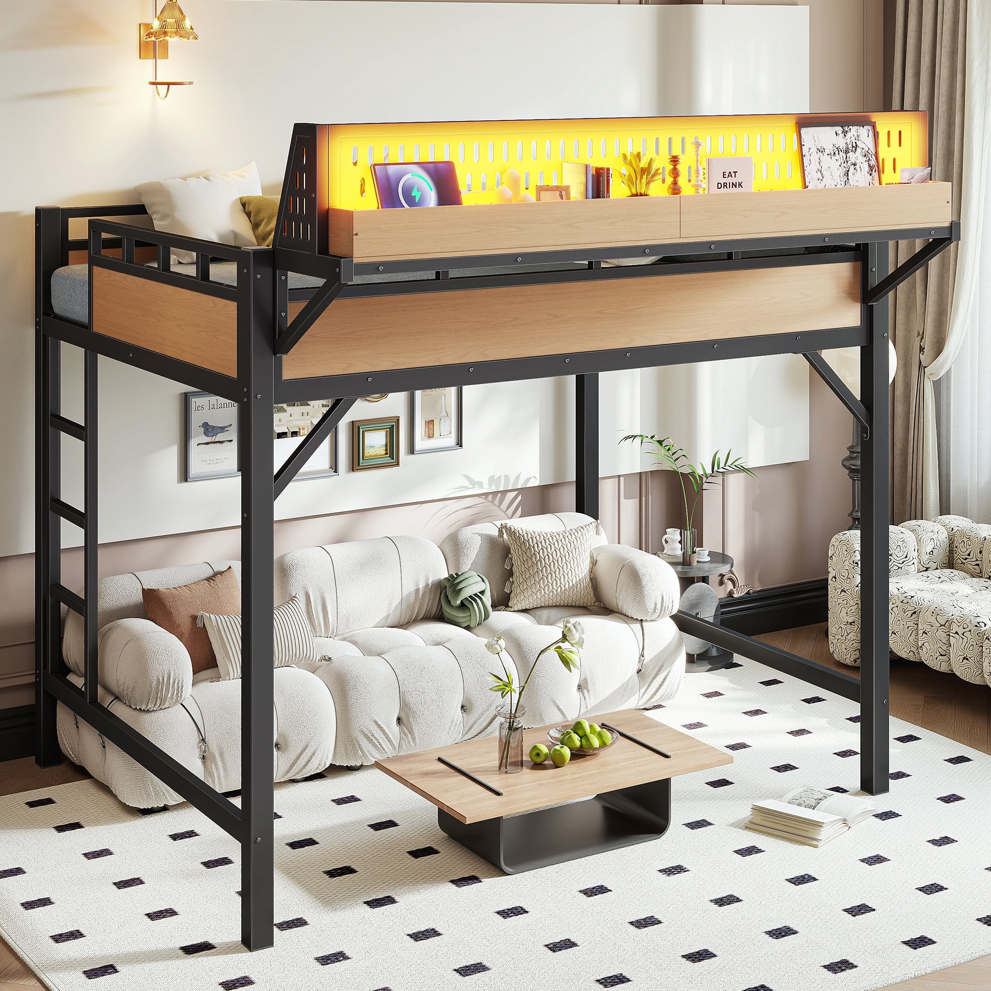 Mintazer Full Size Loft Bed with LED Lights & Charging Station, Metal Loft Bed with Storage Shelves and Pegboard, Black & Natural