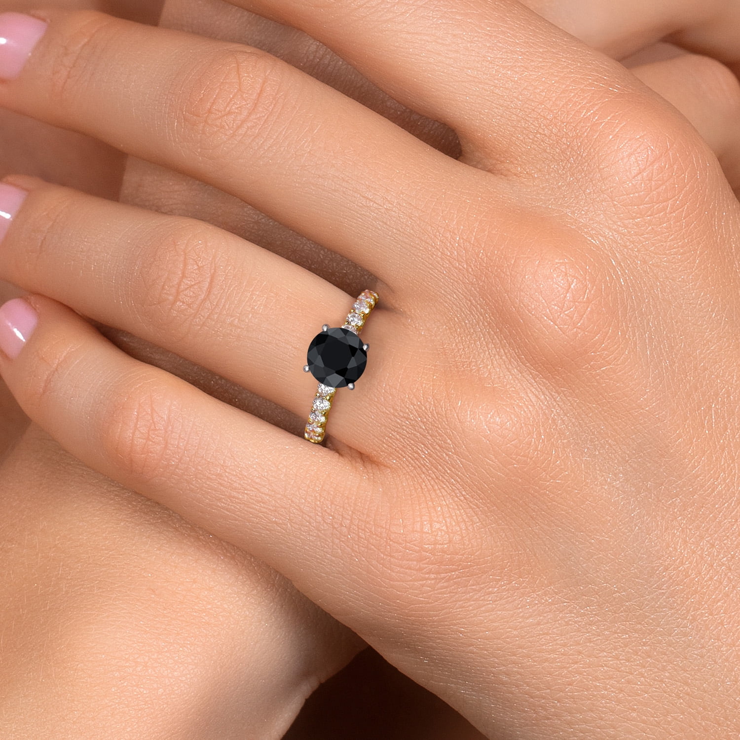 Gem Stone King 14K Two Tone Gold Black Sapphire and Lab Grown Diamond Engagement Ring for Women | 1.53 Cttw | Round 6MM | Gemstone September Birthstone | Size 7