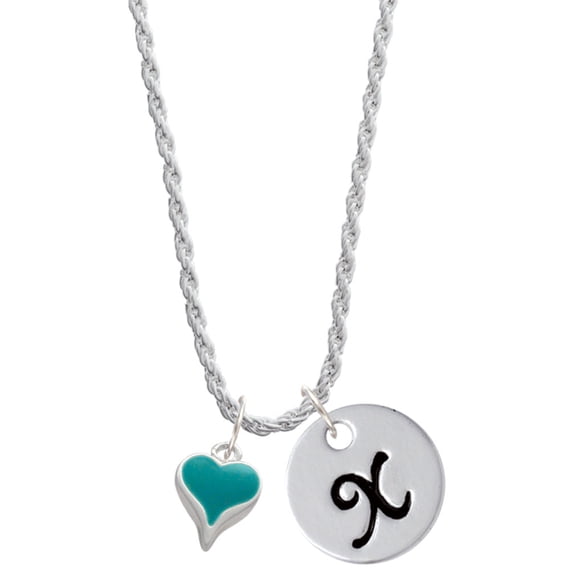 Delight Jewelry Silvertone Small Long Teal Heart Silvertone Script Initial Disc - X - Charm Necklace, 20"+3"