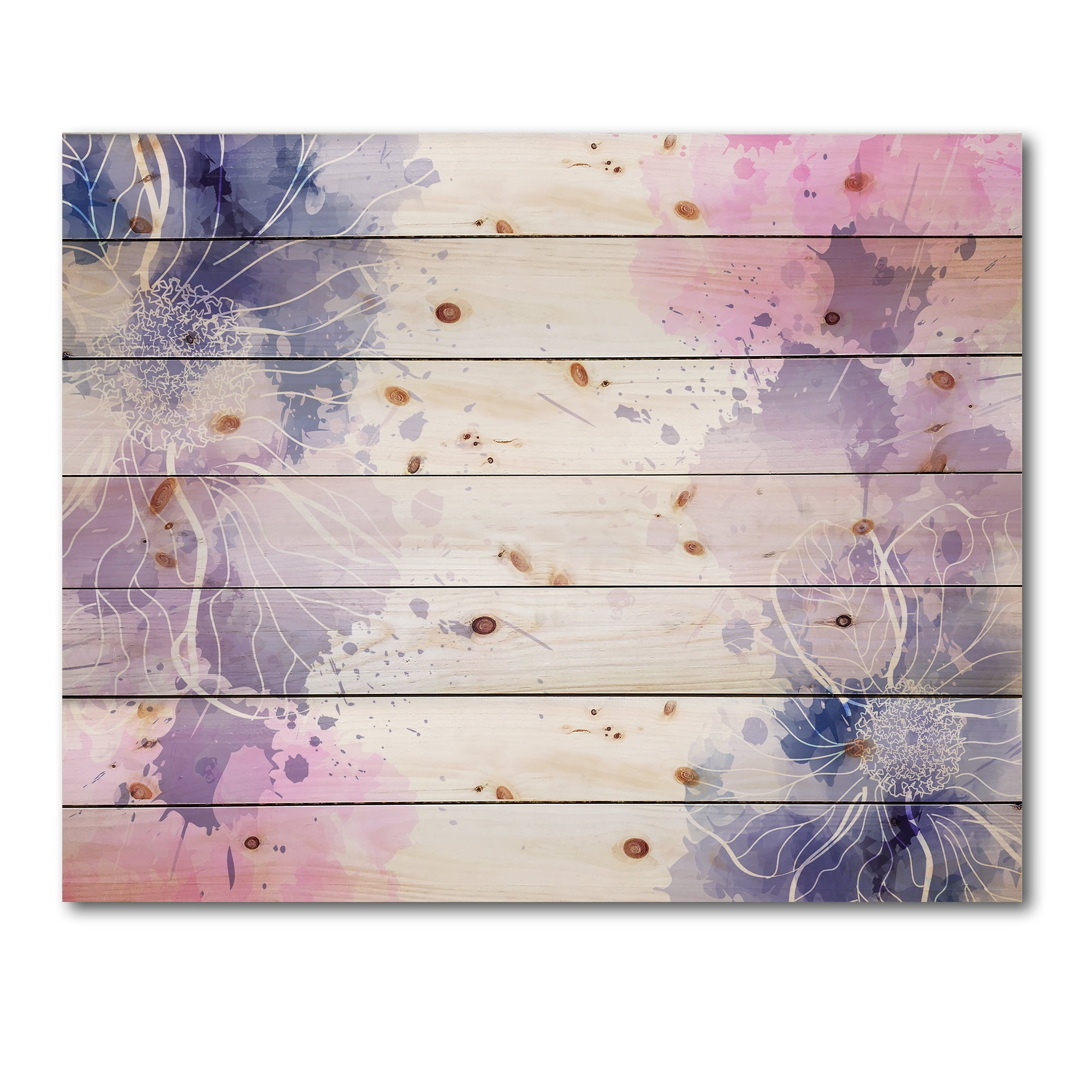 Designart 'Pink and Purple Abstract With Colorful Splashes I' Modern Print on Natural Pine Wood