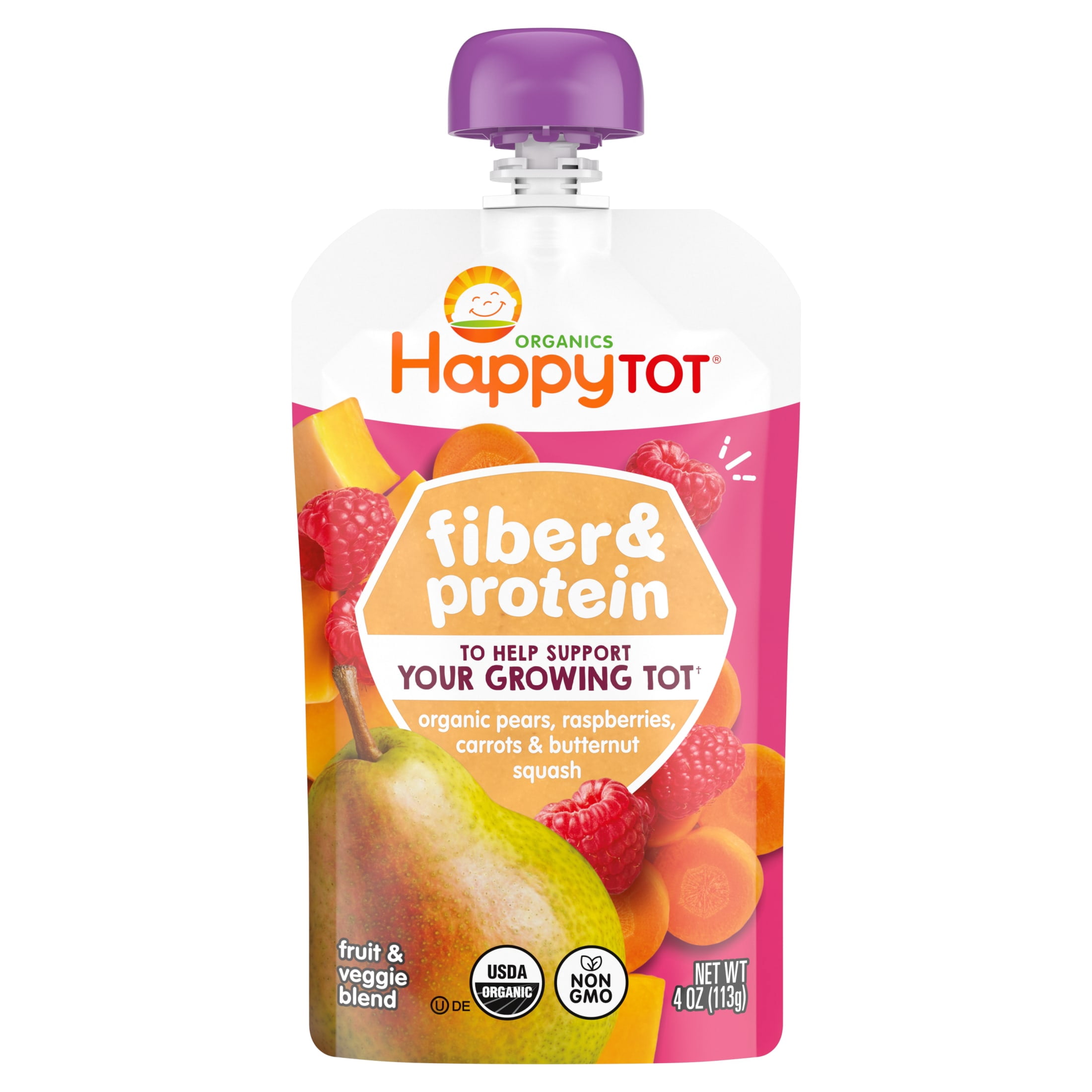 (12 pack) Happy Tot Organics Fiber & Protein Stage 4, Pears Raspberries Carrots & Butternut Squash Organic Tot Food, 4 oz. Pouch