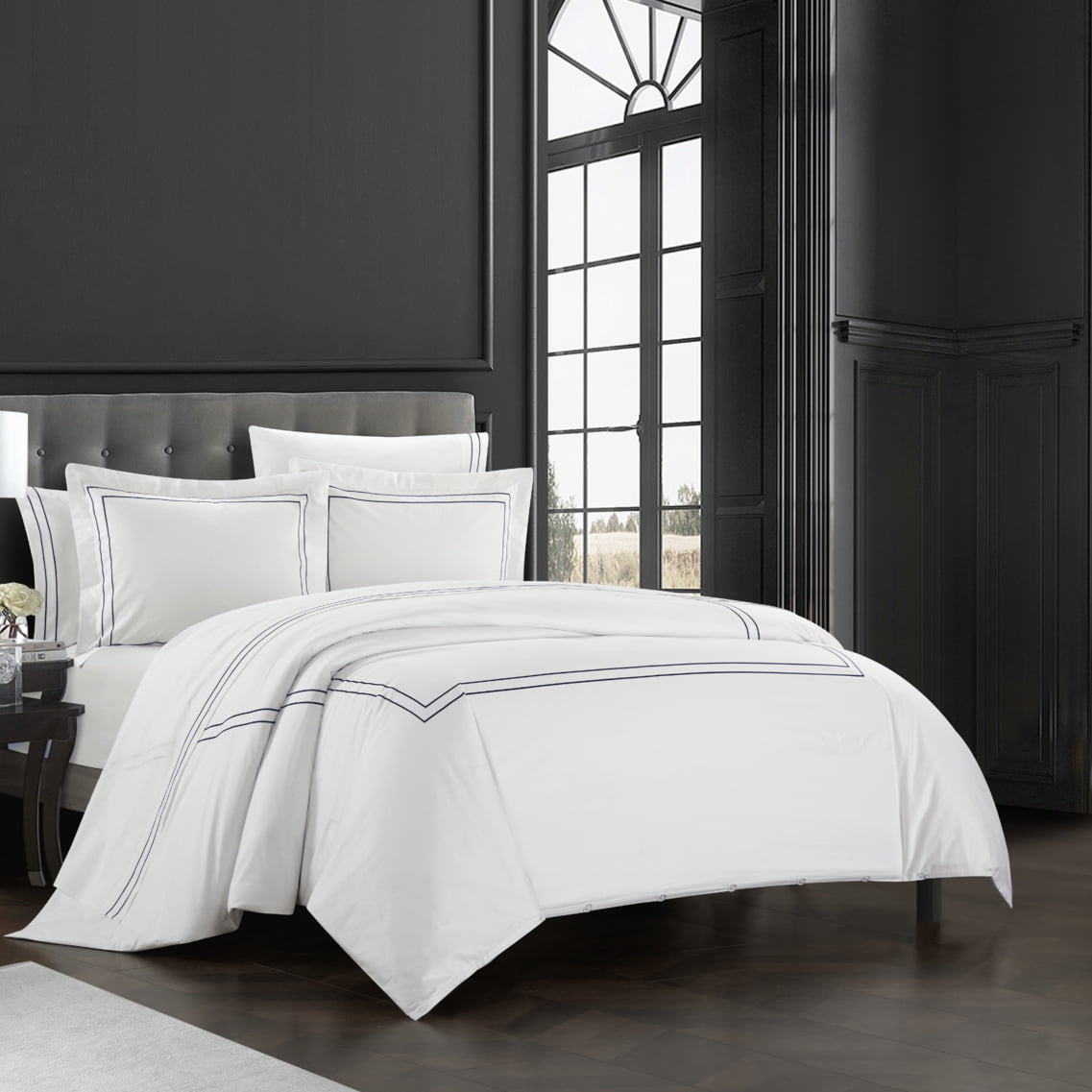 Alfrey 3 Piece Organic Cotton Duvet Cover Set Solid White With Dual Stripe Embroidered Border Hotel Collection Bedding