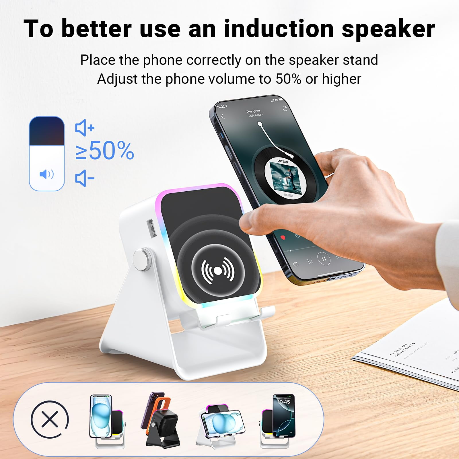 5-in-1 Wireless Induction Speaker with Phone Stand, Bluetooth Audio Amplifier with Colorful LED Light, Rechargeable Music Speaker for iPhone & Android, Ideal Birthday Gift for Men, Women(White)
