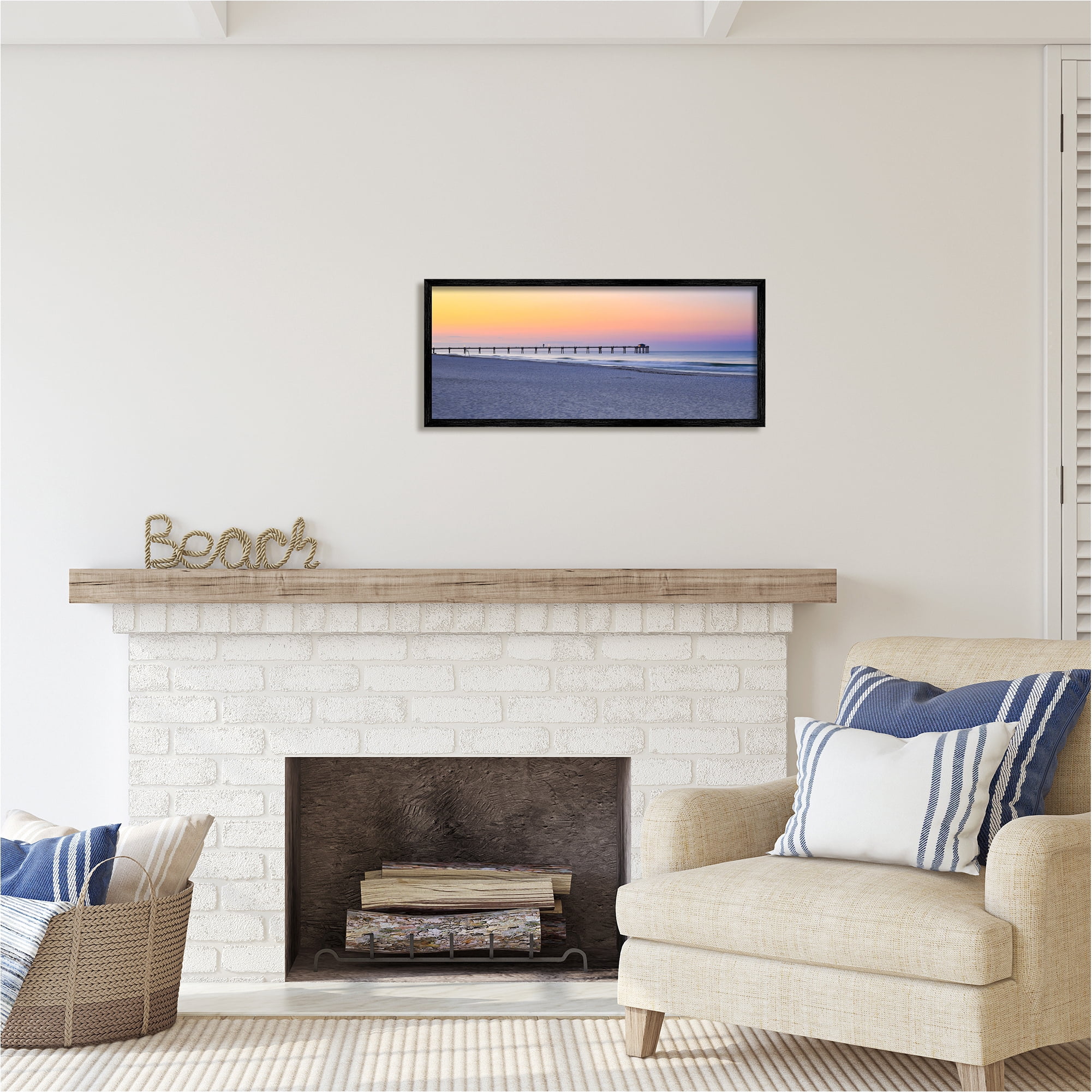 Stupell Industries Sunrise Beach Shore Landscape Photography Black Framed Art Print Wall Art, 30 x 13