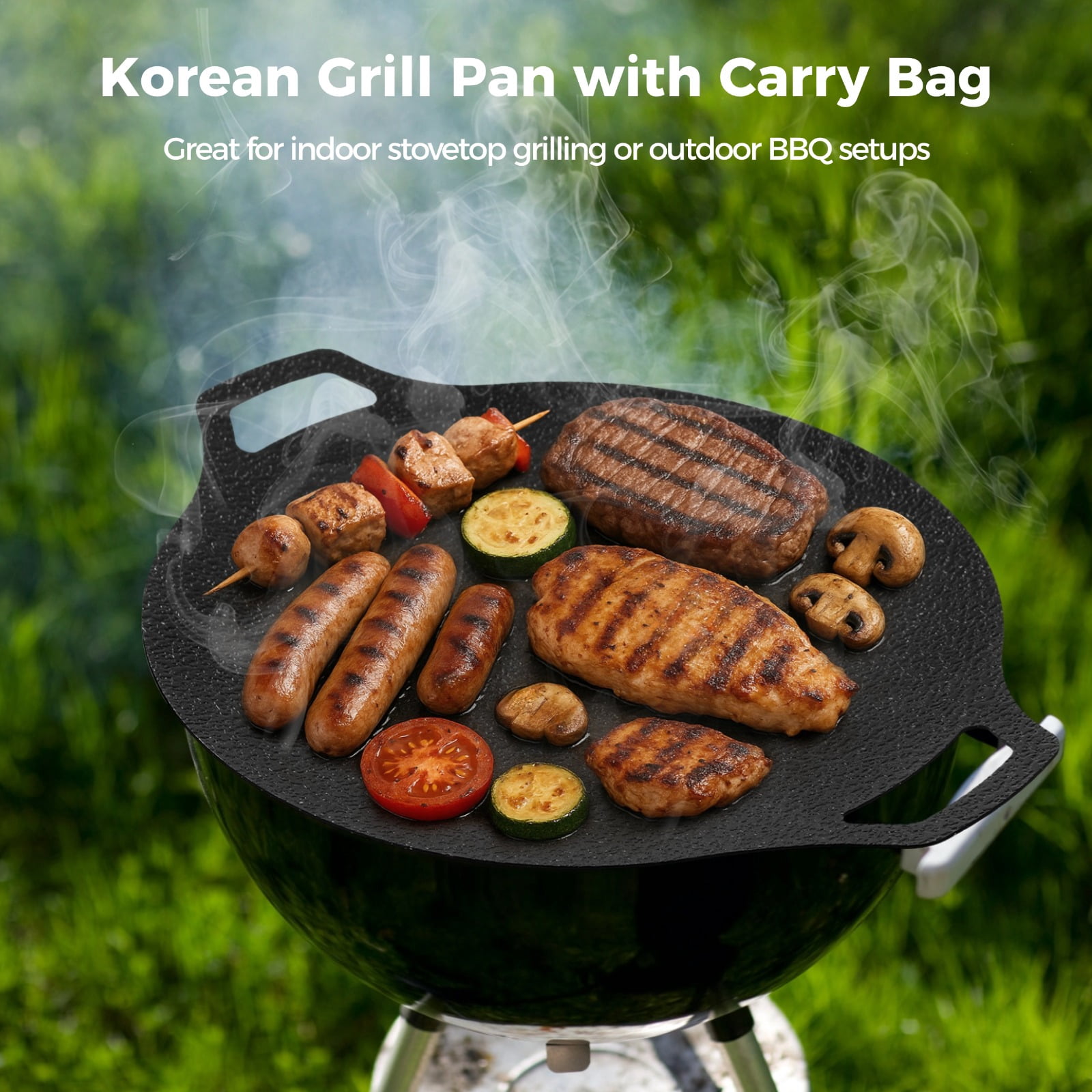 Korean Grill Pan with Bag, 13.2" Round Non-Stick Iron Grill Plate, Portable Indoor Outdoor Grilling Tray with Handles, Compatible with Gas Stove, Induction Cooker, Electric Cooktop