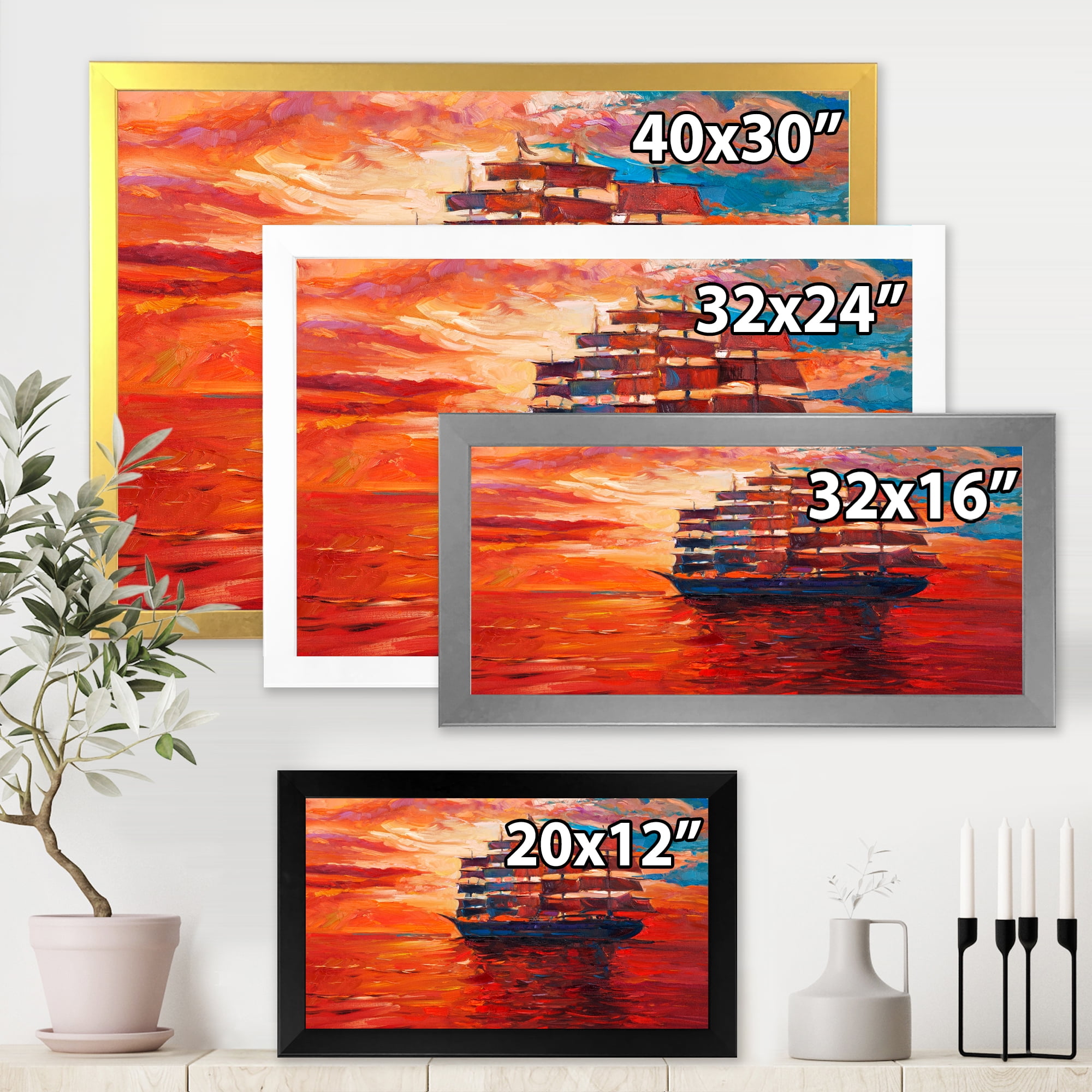 Frigate During Red Evening Glow On The Ocean Horizon 40 in x 30 in Framed Painting Canvas Art Print, by Designart