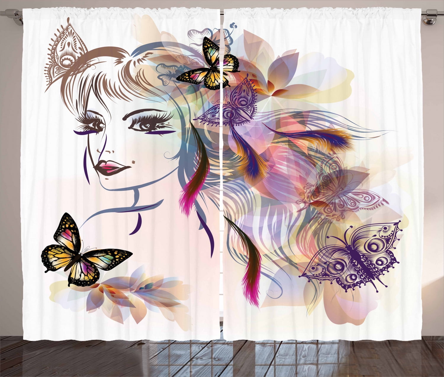 Fairy Curtains 2 Panels Set, Beautiful Girl Drawing Design with